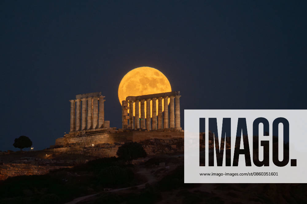 KW27 Strawberry moon illuminates Temple of Poseidon at Cape Sounion near Athens The full moon, known as the Strawberry Moon , rises behind the ancient Temple of Poseidon at Cape Sounion, near Athens. Athens Greece