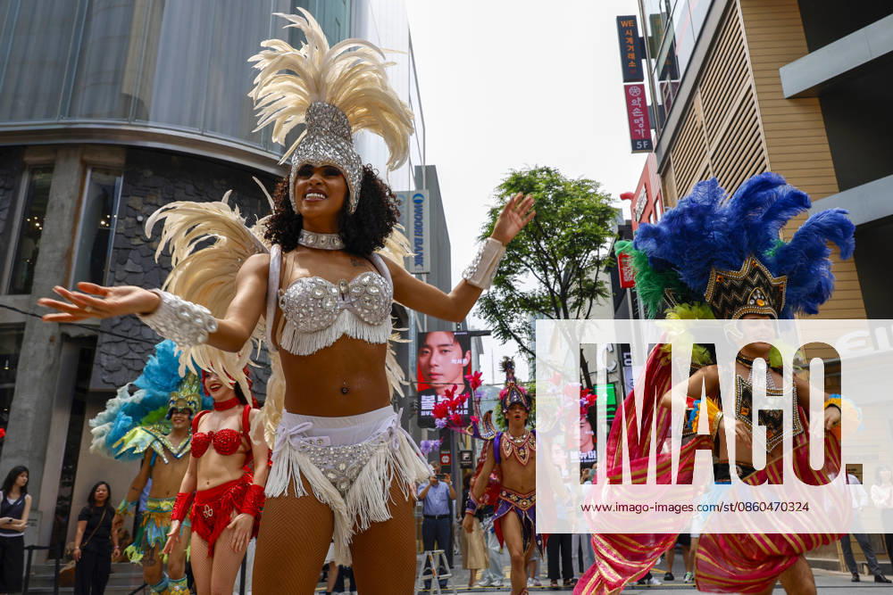 Dancers perform samba show summer festival in Seoul Dancers from Lotte World, a South Korean theme park, perform a samba show during a summer festival promotional event in the Myeongdong shopping district in Seoul, South Korea, on July 01, 2026. Seoul South Korea
