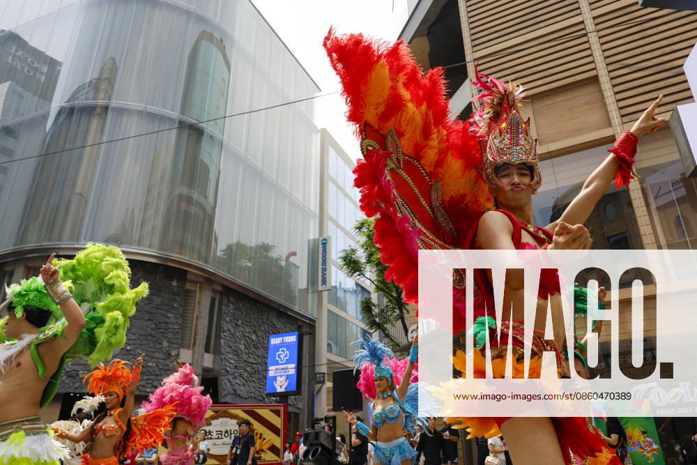 Dancers perform samba show summer festival in Seoul Dancers from Lotte World, a South Korean theme park, perform a samba show during a summer festival promotional event in the Myeongdong shopping district in Seoul, South Korea, on July 01, 2026. Seoul South Korea