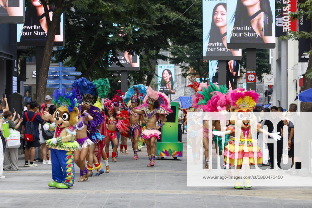 Dancers perform samba show summer festival in Seoul Dancers from Lotte World, a South Korean theme park, perform a samba show during a summer festival promotional event in the Myeongdong shopping district in Seoul, South Korea, on July 01, 2026. Seoul South Korea