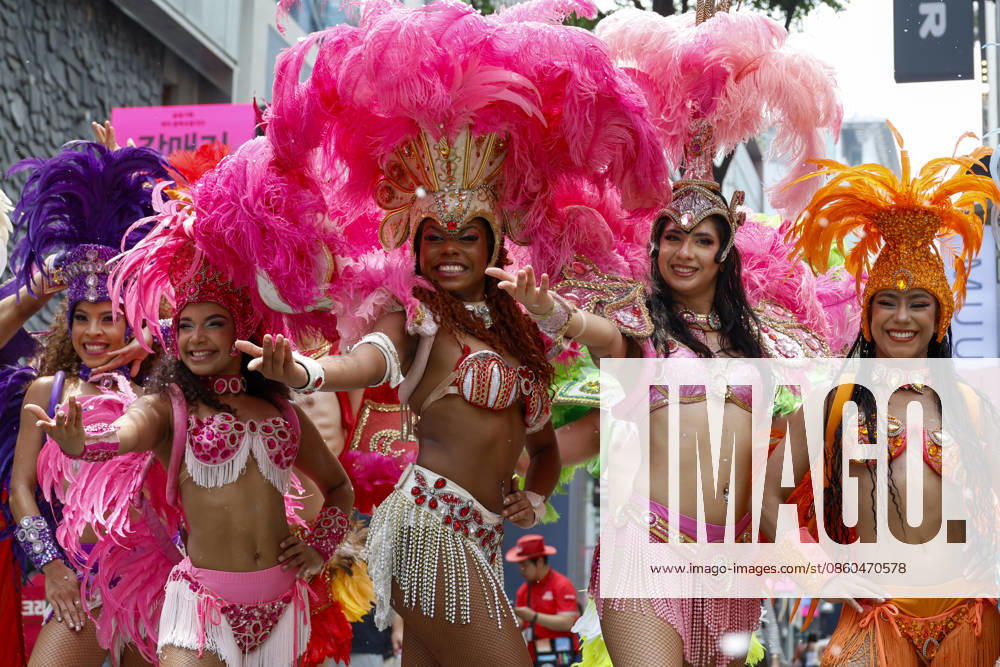 Dancers perform samba show summer festival in Seoul Dancers from Lotte World, a South Korean theme park, perform a samba show during a summer festival promotional event in the Myeongdong shopping district in Seoul, South Korea, on July 01, 2026. Seoul South Korea