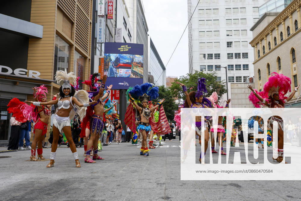 Dancers perform samba show summer festival in Seoul Dancers from Lotte World, a South Korean theme park, perform a samba show during a summer festival promotional event in the Myeongdong shopping district in Seoul, South Korea, on July 01, 2026. Seoul South Korea