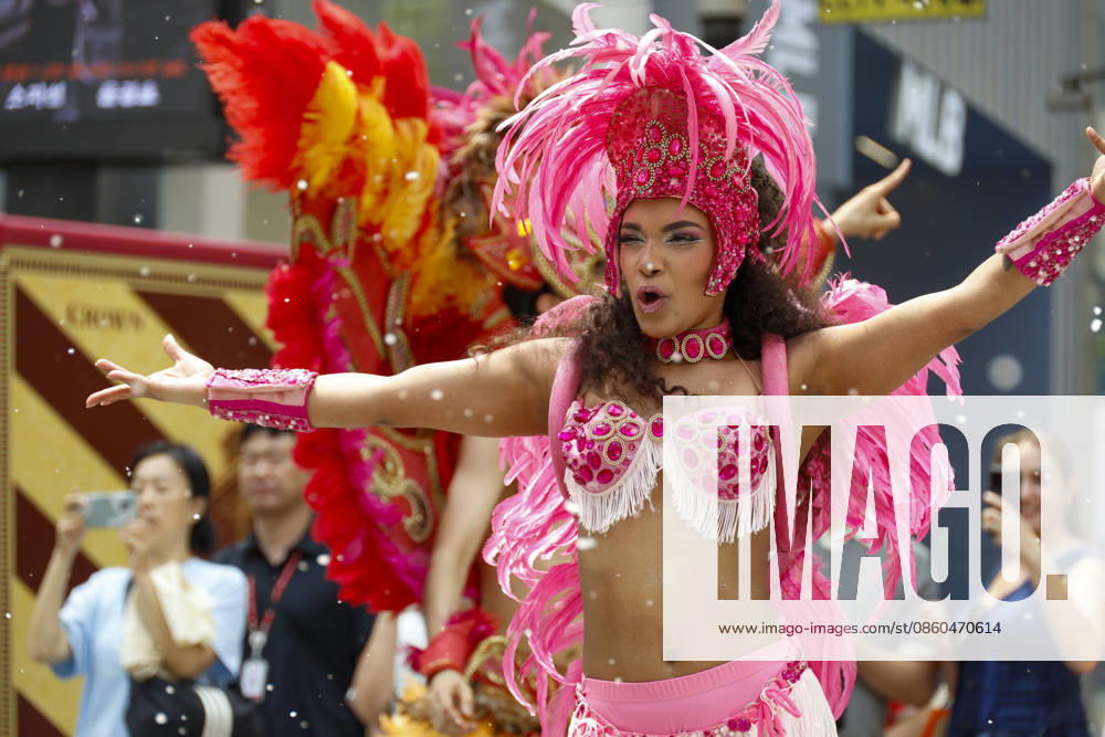 Dancers perform samba show summer festival in Seoul Dancers from Lotte World, a South Korean theme park, perform a samba show during a summer festival promotional event in the Myeongdong shopping district in Seoul, South Korea, on July 01, 2026. Seoul South Korea