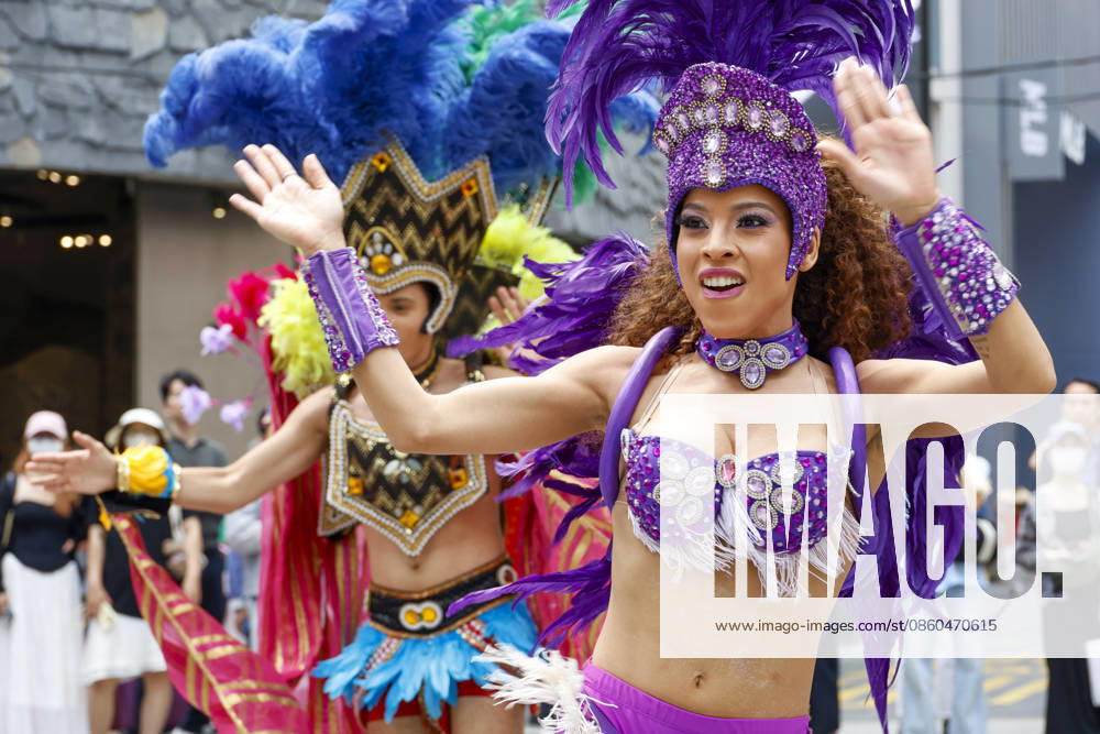 Dancers perform samba show summer festival in Seoul Dancers from Lotte World, a South Korean theme park, perform a samba show during a summer festival promotional event in the Myeongdong shopping district in Seoul, South Korea, on July 01, 2026. Seoul South Korea