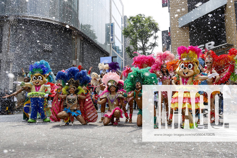 Dancers perform samba show summer festival in Seoul Dancers from Lotte World, a South Korean theme park, perform a samba show during a summer festival promotional event in the Myeongdong shopping district in Seoul, South Korea, on July 01, 2026. Seoul South Korea