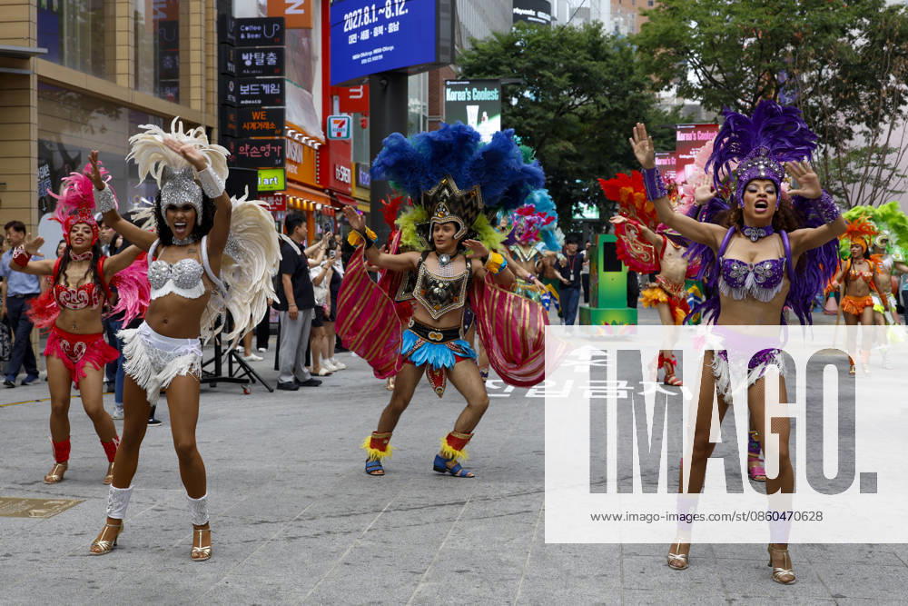 Dancers perform samba show summer festival in Seoul Dancers from Lotte World, a South Korean theme park, perform a samba show during a summer festival promotional event in the Myeongdong shopping district in Seoul, South Korea, on July 01, 2026. Seoul South Korea