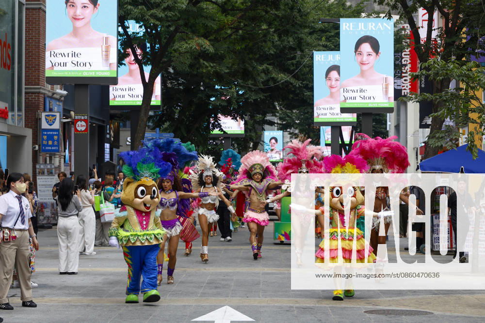 Dancers perform samba show summer festival in Seoul Dancers from Lotte World, a South Korean theme park, perform a samba show during a summer festival promotional event in the Myeongdong shopping district in Seoul, South Korea, on July 01, 2026. Seoul South Korea
