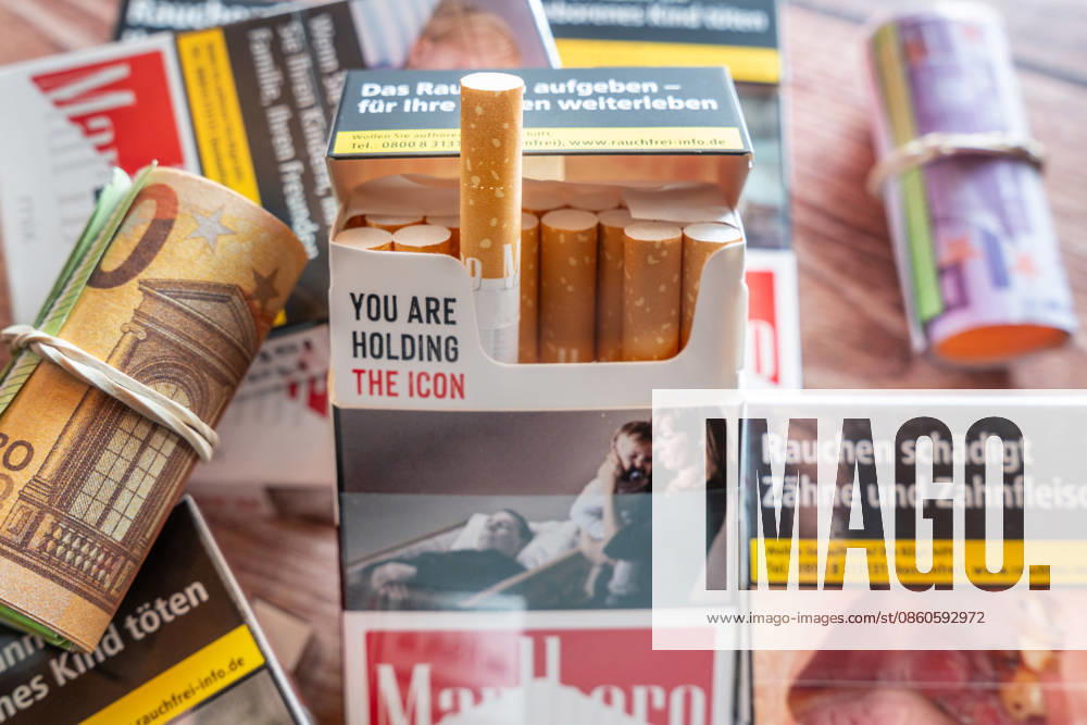 Several cigarette packs next to a euro bill symbolize the financial impact of smoking. The image represents tobacco taxes, potential tax increases, rising cigarette prices, and higher costs for consumers.