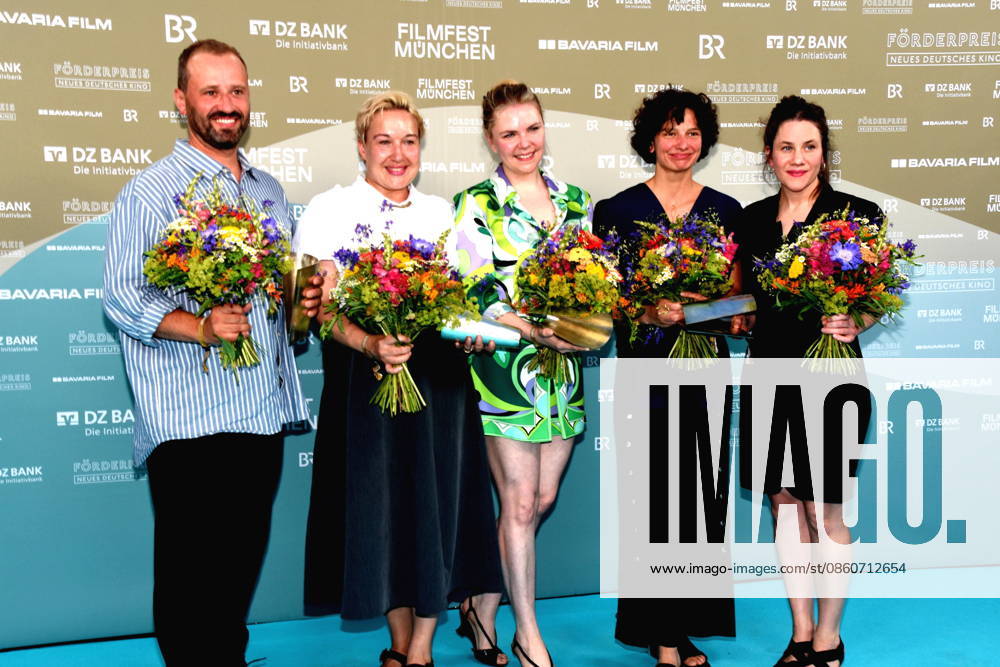 Award Winners: Christoph Otto, Best Emerging Producer; Susanne Heinrich, Best Emerging Screenwriter; Ricarda Seifried, Best Emerging Actress; Ella Cieslinski and Nina Wesemann, Best Emerging Female Directors; Munich, July 4, 2026; University of Television and Film; 43rd Munich Film Festival; Support Award New German Cinema Bernd Eichinger Square Photo Munich