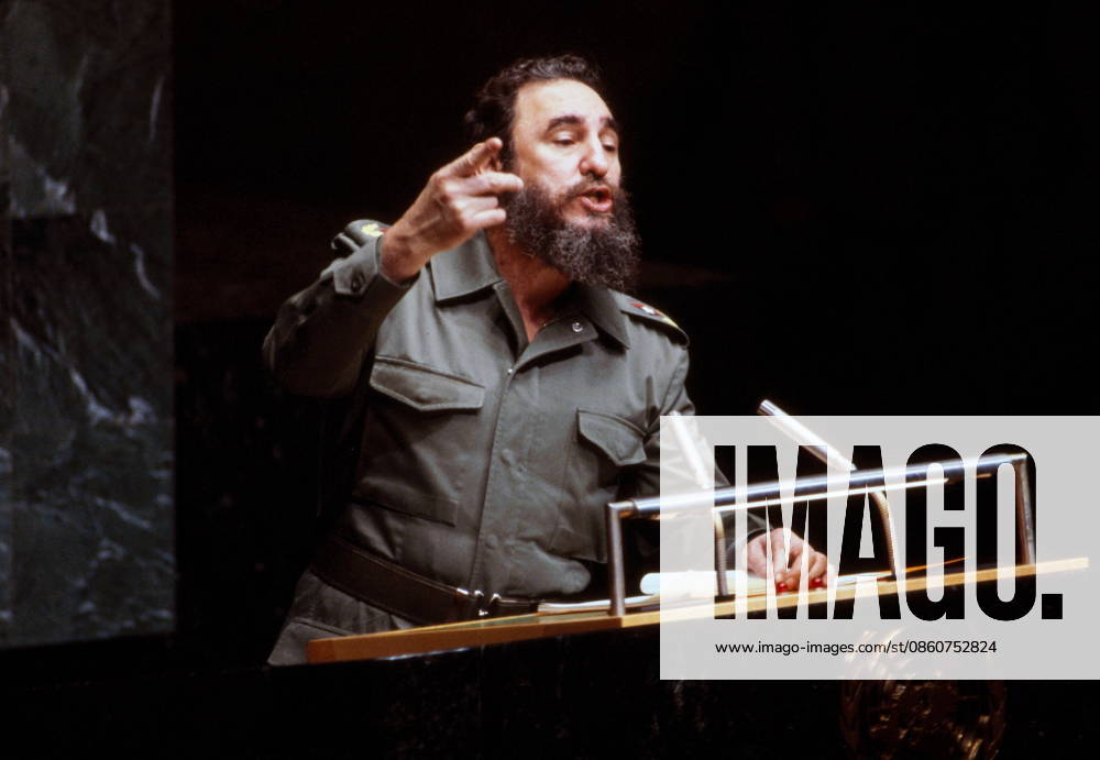 Addressing the United Nations in 1979, Fidel Castro (1926 ? 2016) Cuban revolutionary and politician Addressing the United Nations in 1979, Fidel Castro (1926 ? 2016) Cuban revolutionary and politician who was the leader of Cuba from 1959 to 2008, serving as the prime minister of Cuba from 1959 to 1976 and president from 1976 to 2008. Ideologically a Marxist?Leninist and Cuban nationalist. Editorial use only. All other uses to be cleared with the copyright owner (World History Archive), in advance., WHA_179_0904.jpg, Fidel Castro; United Nations; 1979; Cuban revolutionary; politician; leader of Cuba; prime minister; president; Marxist-Leninist; Cuban nationalist; address; speech; historical; iconic; public speaking; c