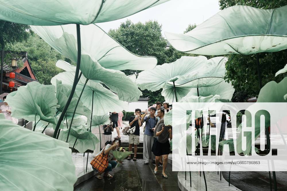 Lotus Leaf Art Installation Citizens enjoy the cool breeze under an art installation composed of giant lotus leaves in Hangzhou, Zhejiang Province, China on July 5, 2026. Hangzhou Zhejiang China