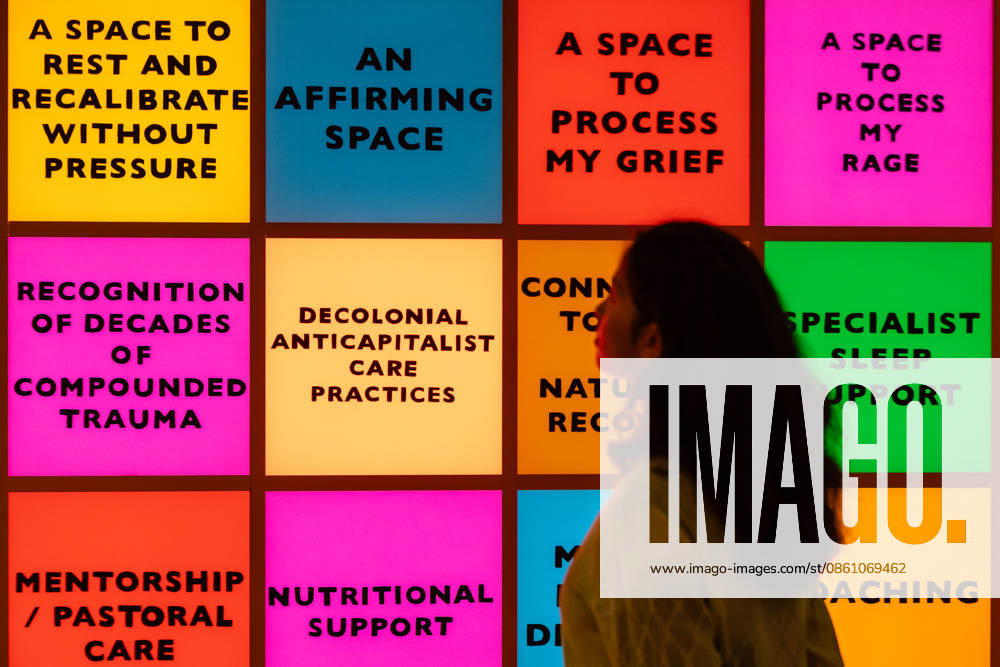 Rudy Loewe: Intimacies of Care at Wellcome Collection, London, UK 8 July 2026 The Search for Care The Lack of Care, 2026, at the preview of Rudy Loewe: Intimacies of Care Spaces of Grief and Possibility at the Wellcome Collection, London, UK, on 8 July 2026. The text-based sculpture was developed in collaboration with grassroots organisations supporting Black people who struggle to access appropriate mental health care, on view from 10 July 2026 until 7 February 2027., Credit:Pete Speller Avalon