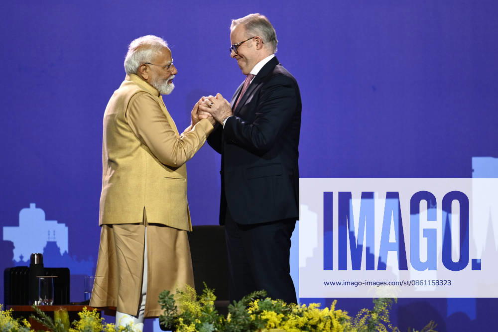 NARENDRA MODI AUSTRALIA VISIT, Indian Prime Minister Narendra Modi (left) and Australian Prime Minister Anthony Albanese during the Melbourne Meets Modi community event at Marvel Stadium in Melbourne, Thursday, July 9, 2026. ( NO ARCHIVING MELBOURNE VICTORIA AUSTRALIA