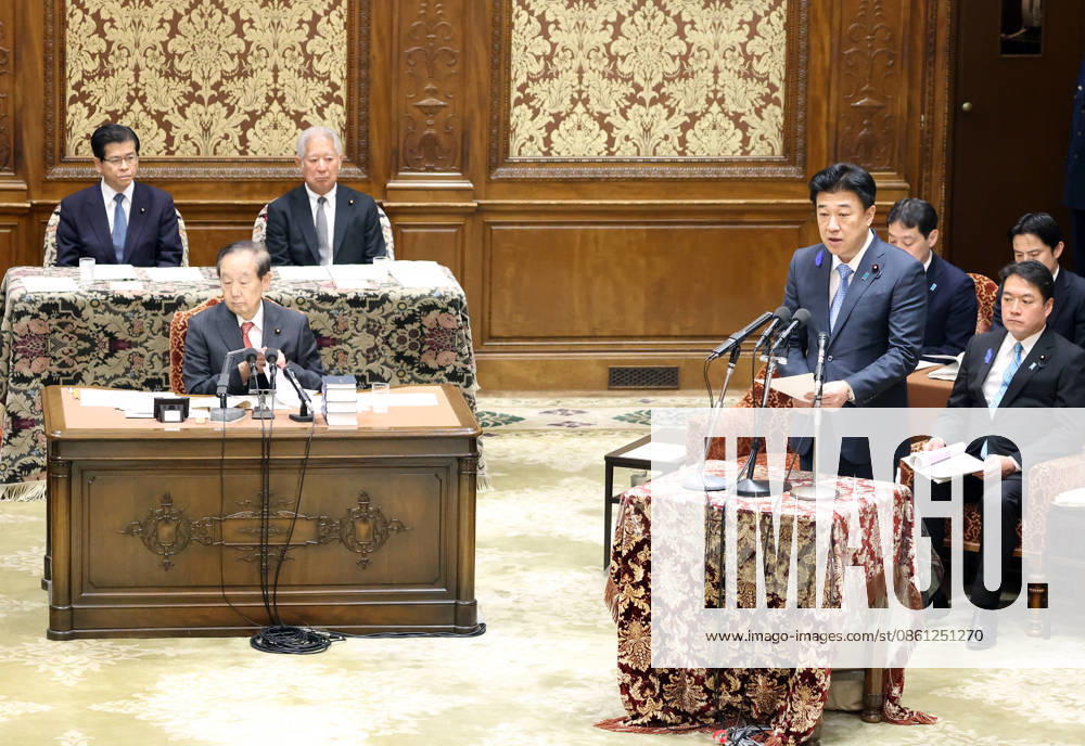 Tokyo, Japan - Japan s Chief Cabinet Secretary Minoru Kihara (2nd R) explains the revision bill for the Imperial House Law at Lower House s Rules and Administration Committee at the National Diet in Tokyo on Friday, July 10, 2026, while Parliament Speaker Eisuke Mori (3rd L) and Vice Parliament Speaker Keiichi Ishii (L) listen to. Lower House passed the revision bill for the Imperial House Law to maintain the number of Imperial Family members. (photo by Yoshio Tsunoda AFLO) aflo_337528753