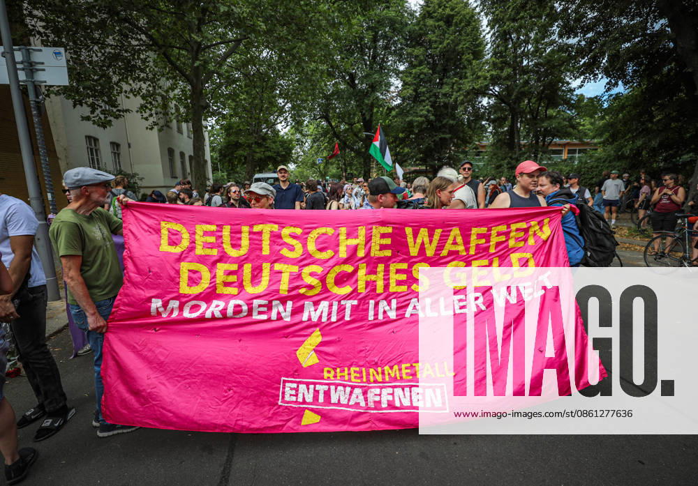 BERLIN, GERMANY - JULY 10, 2026: Pro-Palestinian and anti-war activists demonstrate outside a Rheinmetall facility in Berlinâ€⠢s Wedding district, protesting the German arms manufacturerâ€⠢s weapons production, arms exports and military support for Israel. Berlin Germany - ZUMAa268 20260710_zip_a268_004
