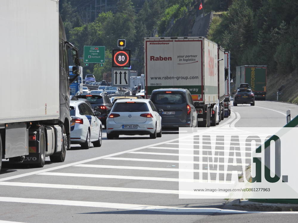 10 072026 Switzerland: Start of summer vacation; photo: traffic jam in front of the northern portal of the Gotthard Tunnel