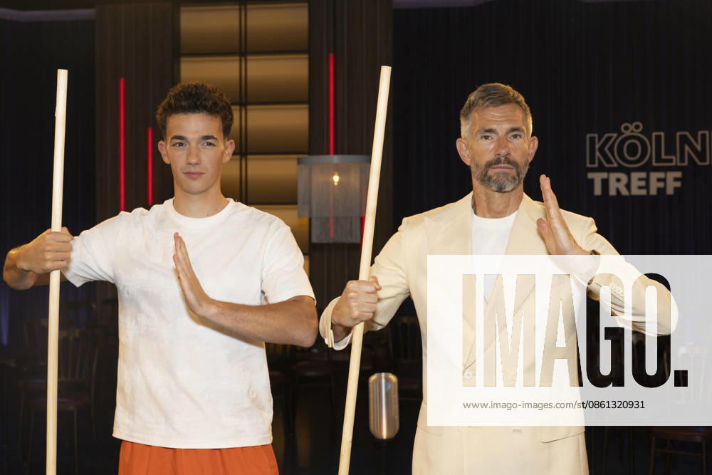 Shaolin Kid Sacha WENK (left) and host Micky BEISENHERZ (right), with Bo Stangen, looking focused, portrait, guest appearance on the TV show Koelner Treff on WDR television, recorded on July 10, 2026, Aired on August 7, 2026