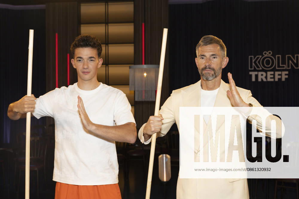 Shaolin Kid Sacha WENK (left) and host Micky BEISENHERZ (right), with Bo Stangen, looking focused, portrait, guest appearance on the TV show Koelner Treff on WDR television, recorded on July 10, 2026, Aired on August 7, 2026