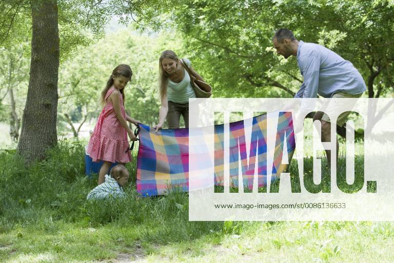 Family preparing for picnic in meadow