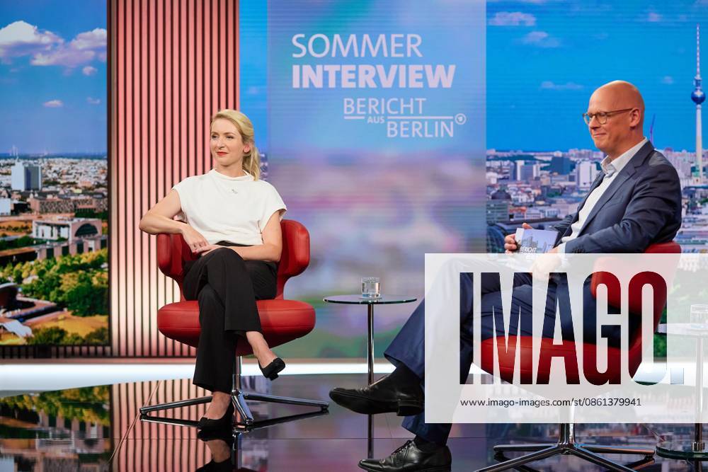 Berlin, Germany, July 12, 2026: ARD Capital Studio Summer Interview with Left Party Leader Ines Schwerdtner, interviewed by Matthias Deiß