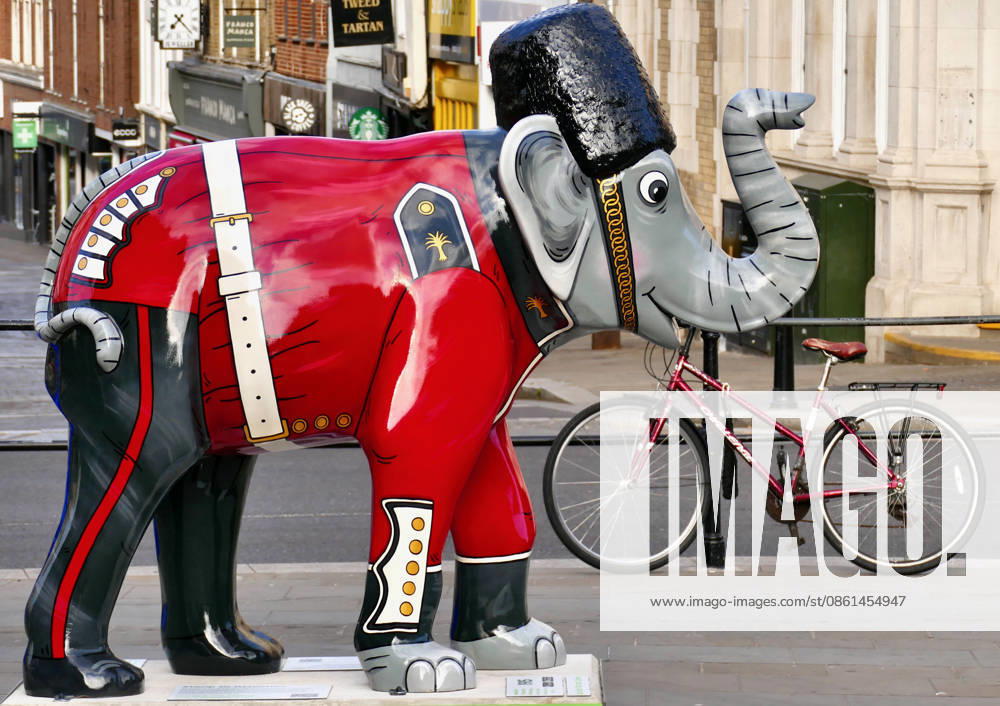 Trunks Across The Thames Stomp To Attention the tribute to the Welsh Guards by Donna Newman. Trunks across the Thames is Thames Hospices very first art trail which will see businesses, schools, community groups and artists unite to create a free, fun, family-friendly trail of discovery for the local community to explore and enjoy. The majestic herd will be marching between 13th July to 13th September 2026! The herd of individually designed magnificent elephant sculptures will bring vibrancy, colour and creative artistry, transforming the streets, parks and open spaces of Slough, Eton and Windsor into a glorious open-air gallery., Credit:Geoffrey Swaine Geoff Swaine - B4563 Avalon UK, Berkshire, Windsor