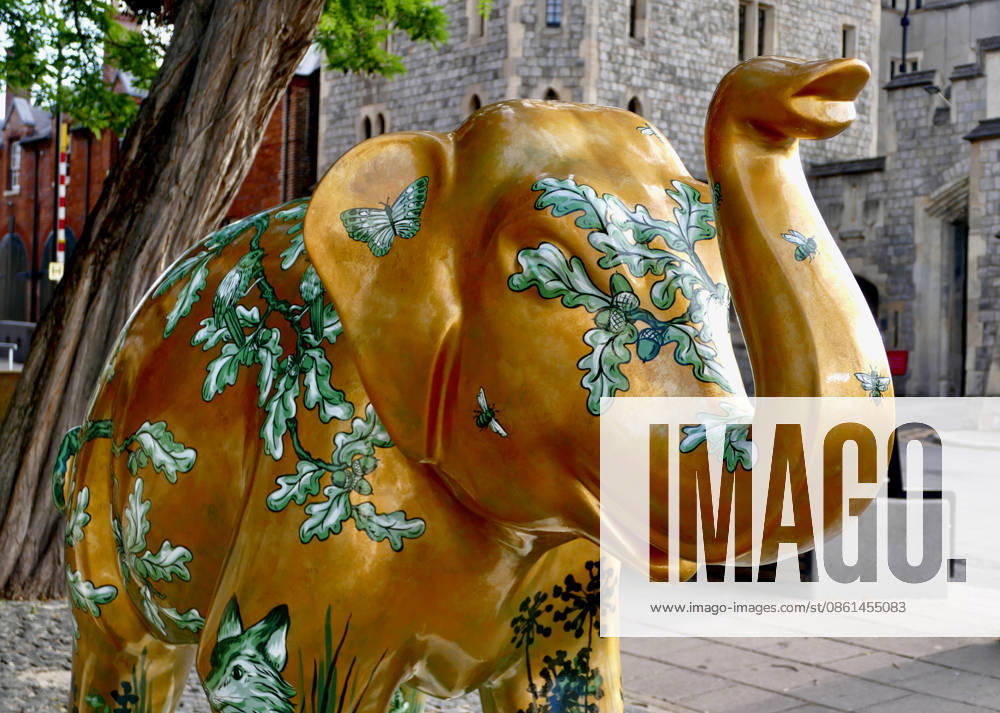 Trunks Across The Thames Wild Majesty by Donna Newman. Trunks across the Thames is Thames Hospices very first art trail which will see businesses, schools, community groups and artists unite to create a free, fun, family-friendly trail of discovery for the local community to explore and enjoy. The majestic herd will be marching between 13th July to 13th September 2026! The herd of individually designed magnificent elephant sculptures will bring vibrancy, colour and creative artistry, transforming the streets, parks and open spaces of Slough, Eton and Windsor into a glorious open-air gallery., Credit:Geoffrey Swaine Geoff Swaine - B4563 Avalon UK, Berkshire, Windsor