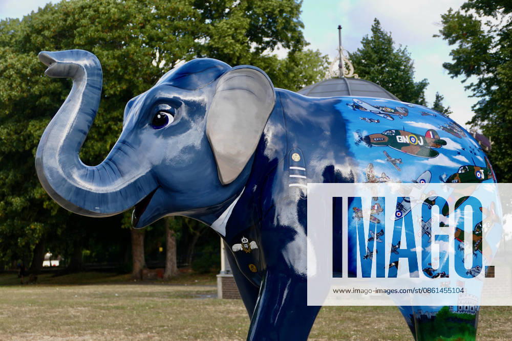 Trunks Across The Thames Windsor Hurricane a tribute to the aircraft in Alexandra Gardens by Karis Youngman. Trunks across the Thames is Thames Hospices very first art trail which will see businesses, schools, community groups and artists unite to create a free, fun, family-friendly trail of discovery for the local community to explore and enjoy. The majestic herd will be marching between 13th July to 13th September 2026! The herd of individually designed magnificent elephant sculptures will bring vibrancy, colour and creative artistry, transforming the streets, parks and open spaces of Slough, Eton and Windsor into a glorious open-air gallery., Credit:Geoffrey Swaine Geoff Swaine - B4563 Avalon UK, Berkshire, Windsor