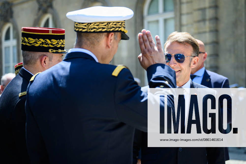 Speech by The President of The Republic to The Armies - Paris Emmanuel Macron, president of the French Republic, greets military personnel after delivering a speech to the armed forces at the Hotel de Brienne in Paris, France on July 13, 2026. Photo by Eric Tschaen Pool ABACAPRESS.COM Paris IDF France