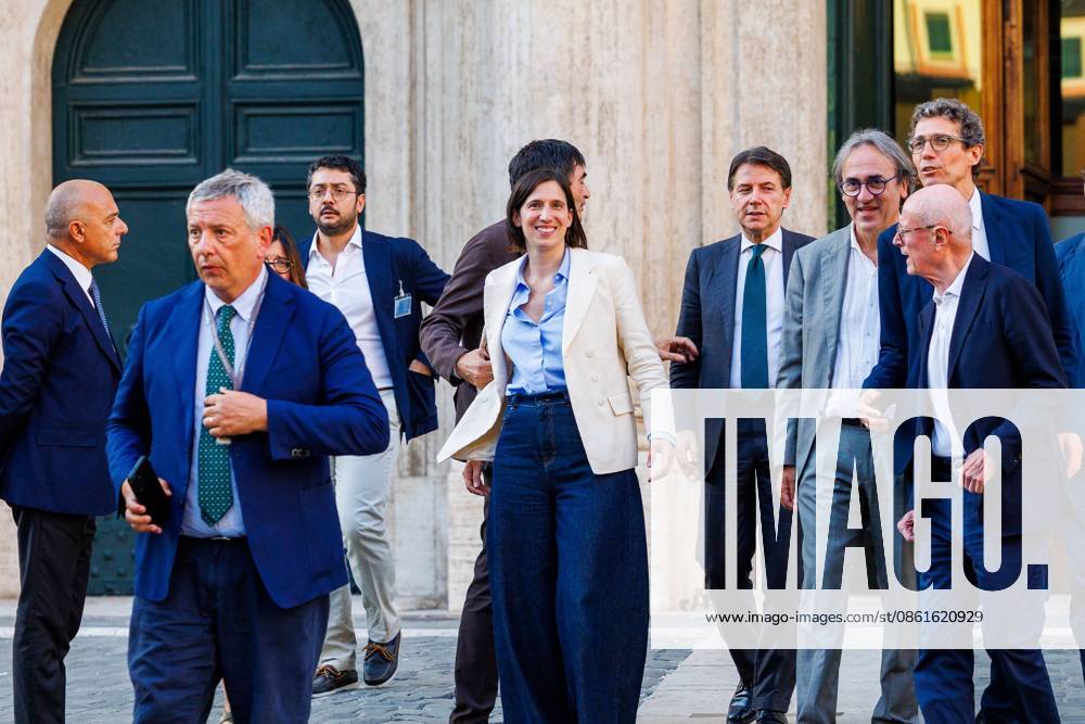 Opposition leaders participate in the sit-in oo¡ooeâoeo¤âoe⢘The Night of Democracyoo¡ooeâoeo¤âoe⢘ against the reform of the electoral law. In the photo: Elly Schlein, Angelo Bonelli, Giuseppe Conte and Riccardo Magi Rome, 14 07 26 Rome Italy - ZUMAa289 20260714_zia_a289_155