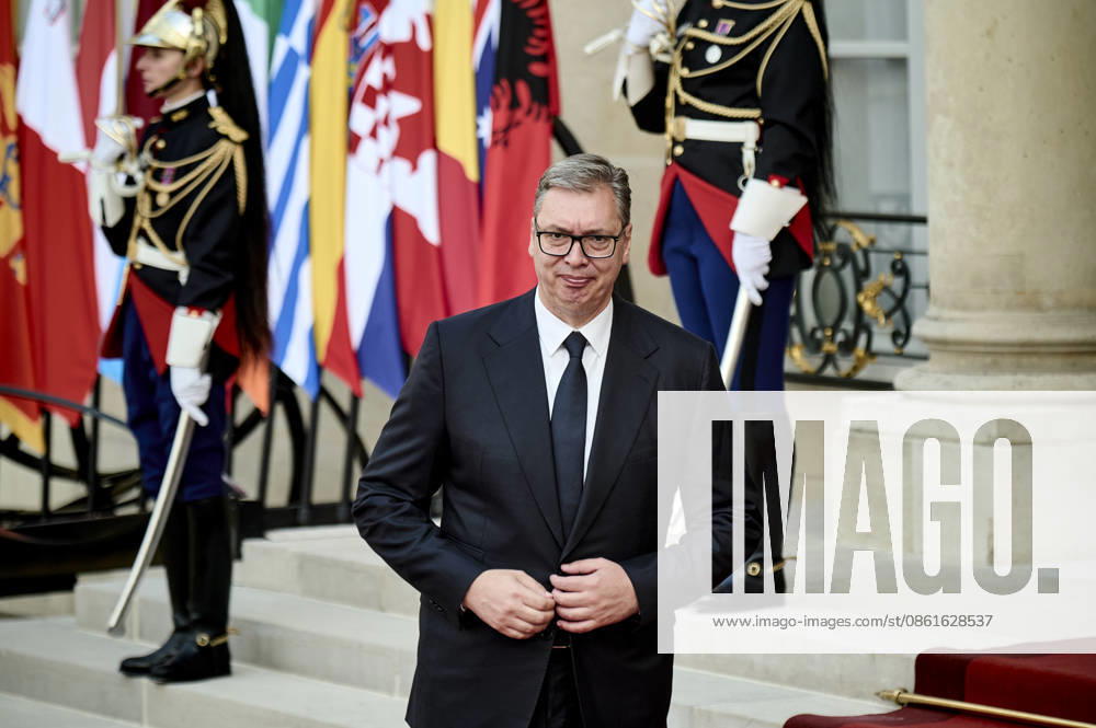President of Serbia Aleksandar Vucic received at the Elysee Palace on July 13, 2026, for a dinner on the margins of the summit of the Coalition of the Willing. - 13 07 2026 - France Paris - AntoninxBuratx Pictorium LePictorium_0338833