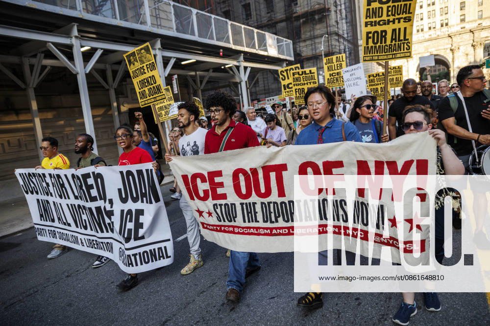 Protesters march and demand justice for Lorenzo Salgado Araujo, 52, a man shot and killed by Immigration and Customs Enforcement (ICE). Protesters call for a full investigation into the fatal shooting and demand an end to local collaboration with ICE. New York USA - ZUMAh182 20260714_znp_h182_007