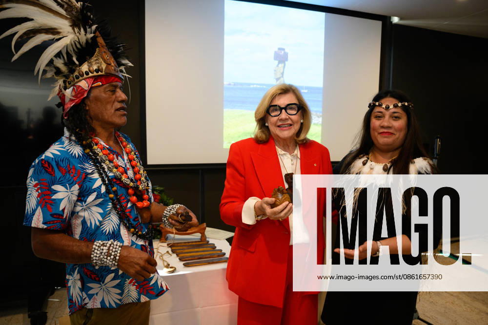 RAPA NUI ANCESTORS RETURN, Rapa Nui delegation representative Johnny Tuky Huke, Kim McKay, Director & CEO, Australian Museum and Vaitiare Pakarati, Rapa Nui artist and delegation member during a ceremony to formally return 17 Rapa Nui ancestors and a sample of human hair to Te Mau Hatu o Rapa Nui (Easter Island) representatives at the Australian Museum, in Sydney, Wednesday, July 15, 2026. ( NO ARCHIVING SYDNEY NEW SOUTH WALES AUSTRALIA
