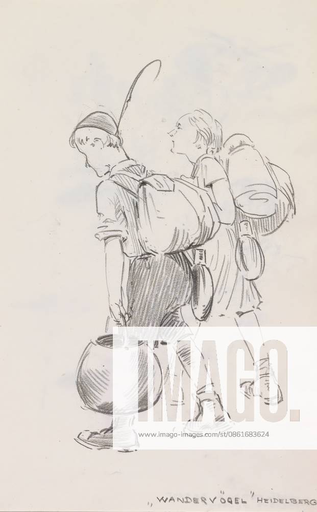Two members of the German Wandervogel youth movement, sketchbook page, The boy and the girl are carrying camping gear. Page 30 from a sketchbook with 60 pages., annotation: WANDERVÖGEL HEIDELBERG , draftsman (artist): Otto Verhagen (I), Heidelberg, c. 1930 - c. 1940, draftsman (artist), Baden-Württemberg, inorganic material, paper, chalk, black chalk, height 217 mm x width 143 mm, youth, adolescent, walking., A pencil sketch of two young figures walking side by side, each shown from the back and three-quarter profile, wearing short-sleeved shirts and knee-length bottoms, with backpacks strapped to their shoulders and rolled items attached to the packs; the figure on the left wears a cap and carries a round pot by its handle at their si Copyright Penta Springs LCK260618_20645