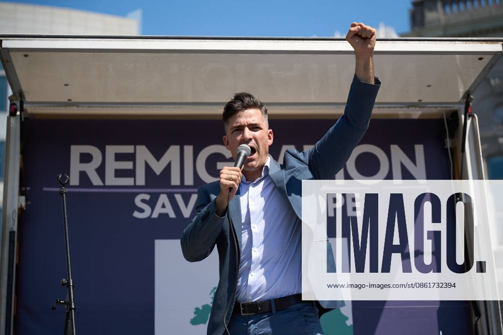 BRUSSELS, BELGIUM †JULY 15, 2026: Far-right activists Martin Sellner, Eva Vlaardingerbroek, Dries Van Langenhove, Andrea Ballarati and Lucy White joined Members of the European Parliament Dominik TarczyAski, Sebastian Tynkkynen and Geadis Geadi, along with around 200 participants, during the Save Europe Act rally at Place du Luxembourg in Brussels on July 15, 2026. Demonstrators later marched to the entrance of the European Parliament, where organizers symbolically delivered more than 500,000 printed signatures in support of their Save Europe Act initiative. Redu Lonescu JNA PRESS Brussels Belgium - ZUMAq101 20260715_zna_q101_128