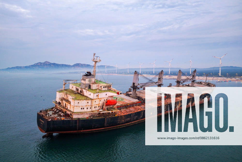 A view of the stranded Blueways ship against the sunset glow on July 19, 2026 in Weihai, Shandong Province of China. The vessel was stranded off the coast of Weihai and has become a popular spot for visitors.