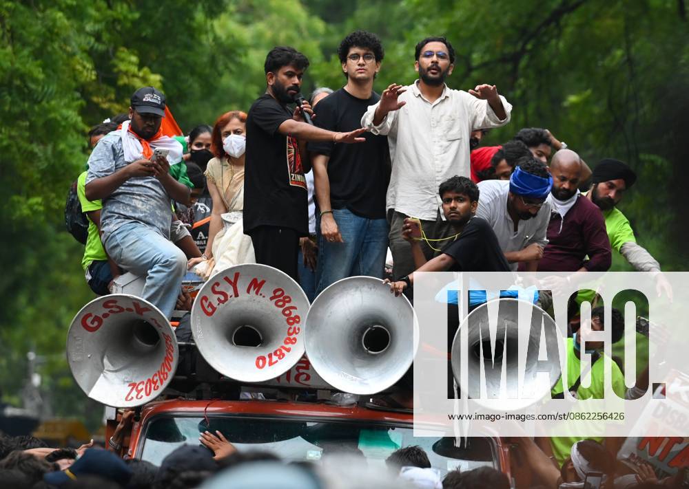 CJP founder Abhijeet Dipke and Gitanjali J Angmo wife of Sonam Wangchuk with other supporters stands on a truck at Jantar Mantar Road in the evening after security personnel forcefully vacated the protest site in the morning on July 20, 2026 in New Delhi, India. (Photo by Vipin Kumar Hindustan Times) Cockroach Janata Party Protest March To Parliament