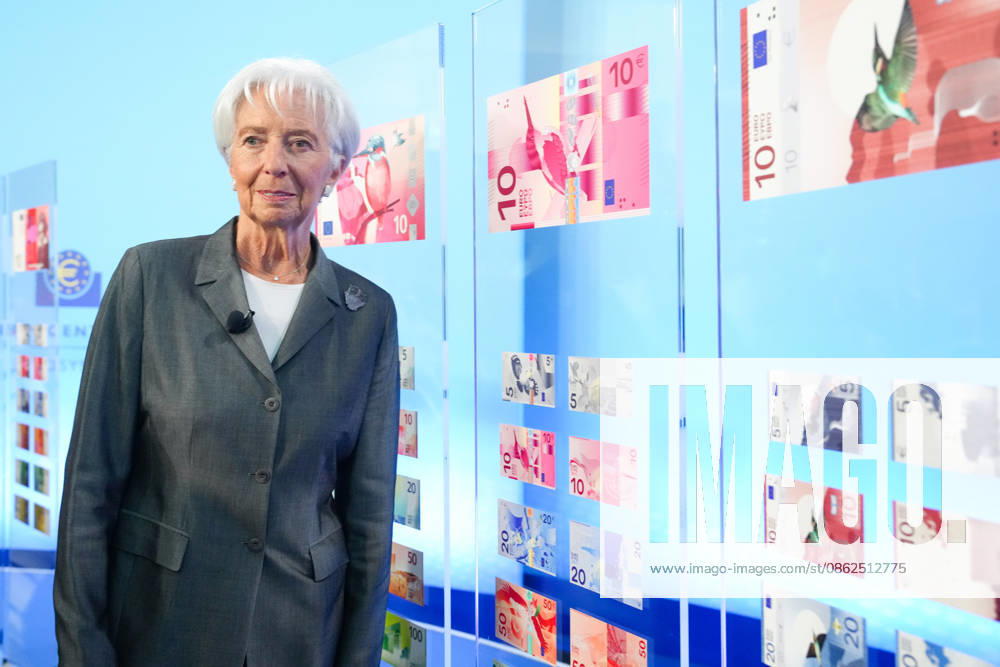 Presentation of New Design Proposals for Euro Banknotes by the ECB: Christine Lagarde, President of the European Central Bank (ECB), at the display panels featuring the shortlist of design proposals for future euro banknotes in the European Union and the euro area, Frankfurt am Main, July 23, 2026, Frankfurt am Main, Hesse, Germany
