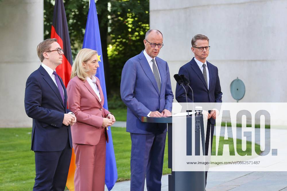 Berlin, Germany, July 24, 2026; Federal Chancellery: Presentation of the Cabinet reshuffle; L to R: Philipp Amthor, Nina Warken, Federal Chancellor Friedrich Merz, and Carsten Linnemann, all CDU