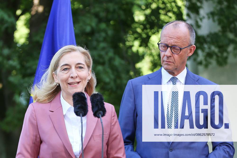 Berlin, Germany, July 24, 2026, Federal Chancellery: Presentation of the Cabinet reshuffle—Nina Warken and Federal Chancellor Friedrich Merz, both of the CDU