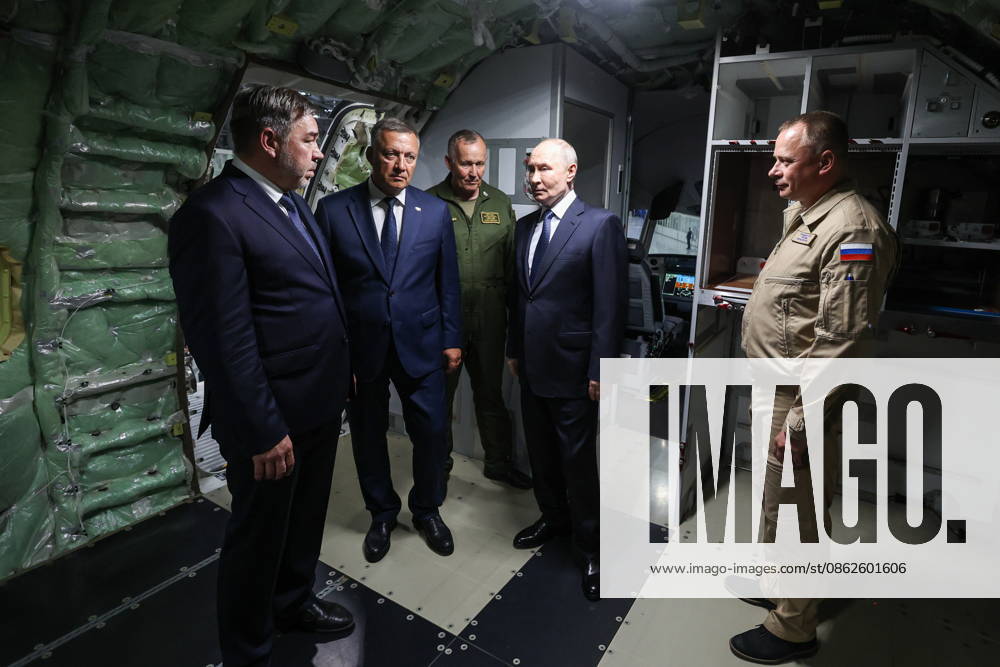 RUSSIA, IRKUTSK - JULY 24, 2026: Andrei Soinov, Irkutsk Aviation Plant CEO, Igor Kobzev (L-R), Irkutsk Region Governor, and Vladimir Putin (2nd R), President of Russia, visit the Irkutsk Aviation Plant owned by Rostec s United Aircraft Corporation Irkutsk Russia - ZUMAt113 20260724_zaa_t113_289