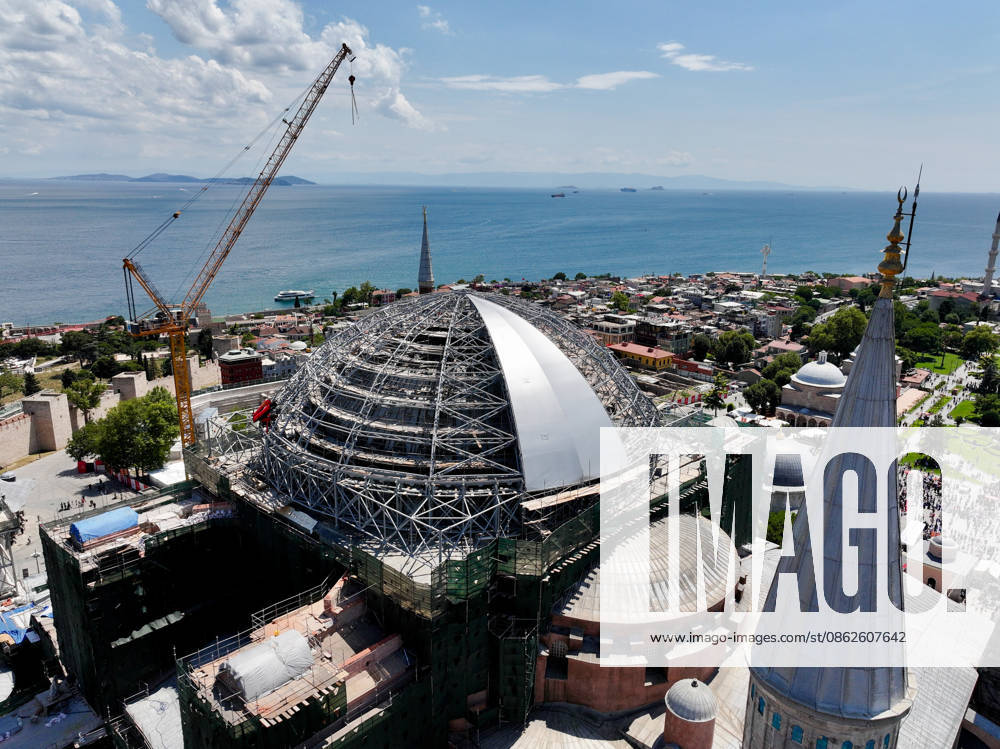 Hagia Sophia Grand Mosque enters new restoration phase ISTANBUL, TURKIYE - JULY 24: An aerial view of the Hagia Sophia Grand Mosque, as it enters a new phase in the most comprehensive conservation, restoration, and reinforcement efforts in the history of the Turkish Republic, in Istanbul, Turkiye on July 24, 2026. Work has begun to cover the temporary steel roof, erected to ensure that restoration of the main dome can proceed under safe conditions, with a protective tarp. Adem Kutucu Anadolu Istanbul Turkey. Editorial use only. Please get in touch for any other usage.
