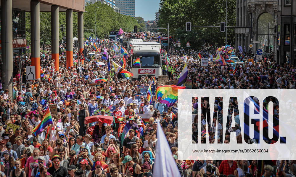 Thousands of people take part in the 48th Christopher Street Day (CSD) Pride parade in Berlin, Germany, on July 25, 2026. Participants marched through the German capital with rainbow flags, colorful costumes, decorated floats and banners calling for equality, diversity and LGBTQ+ rights. Police maintained a security presence throughout the event, while smaller counter-demonstrations and pro-Israel groups were also present along sections of the route... ZUMA Press Wire Berlin Germany - ZUMAa268 20260725_zip_a268_003