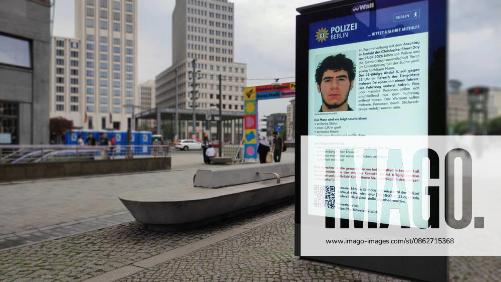Public appeal for information at Potsdamer Platz regarding Abdul B following the terrorist attack in Tiergarten in connection with Christopher Street Day
