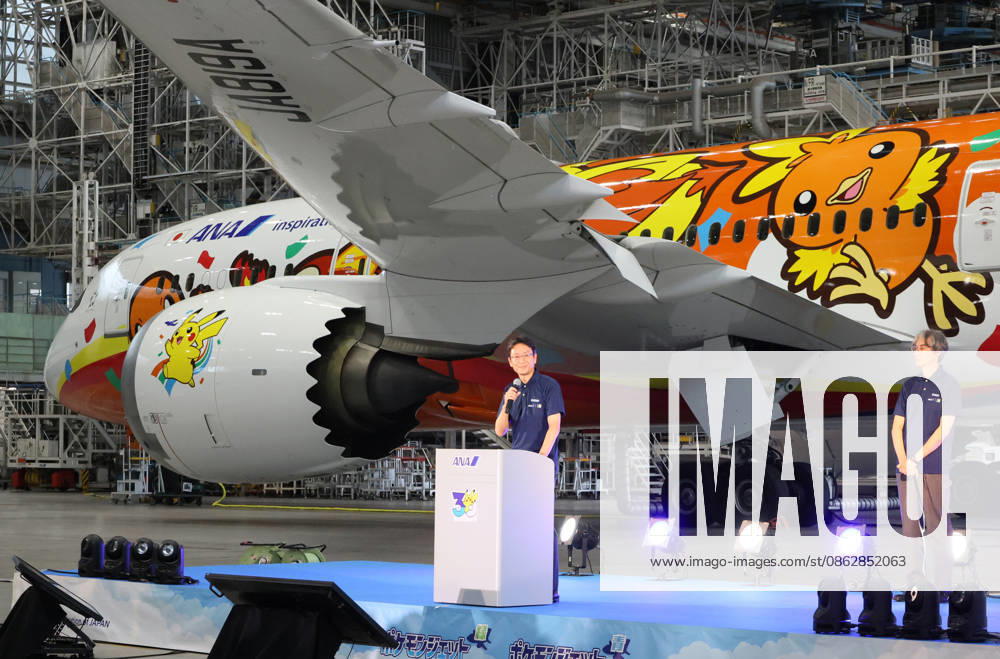 Tokyo, Japan - All Nippon Airways (ANA) executive vice president Keiji Omae (L) delivers a speech while Pokemon company COO Takato Utsunomiya (R) while looks on as ANA displays the special designed aircraft with Pokemon characters Red Pokemon Jet to mark the 30th annivrersary of the partnership of ANA and Pokemon at the ANA hangar near the Haneda airport in Tokyo on Tuesday, July 28, 2026. ANA will start domestic flight services of Red Pokemon Jet from July 29. (photo by Yoshio Tsunoda AFLO) aflo_339375472