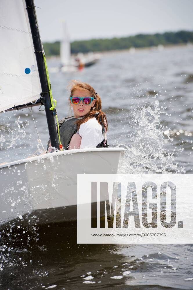 Young girl sailing in boat, Bristol Rhode Island USA model released Symbolfoto