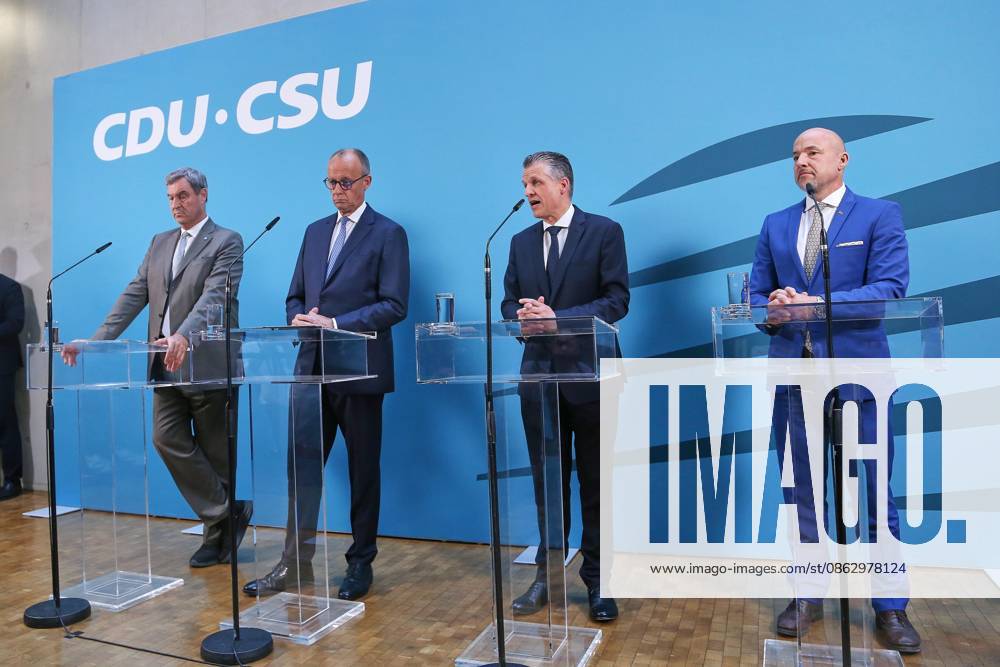 German Bundestag Press Conference Following a Special Meeting of the Union Parliamentary Group Markus Söder (CSU), Chancellor Friedrich Merz (CDU), Thorsten Frei (CDU), and Alexander Hoffmann (CSU)
