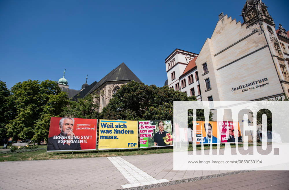 Election posters for the SPD, FDP, Greens, CDU, and BSW in Magdeburg on July 30, 2026, for the state elections in Saxony-Anhalt