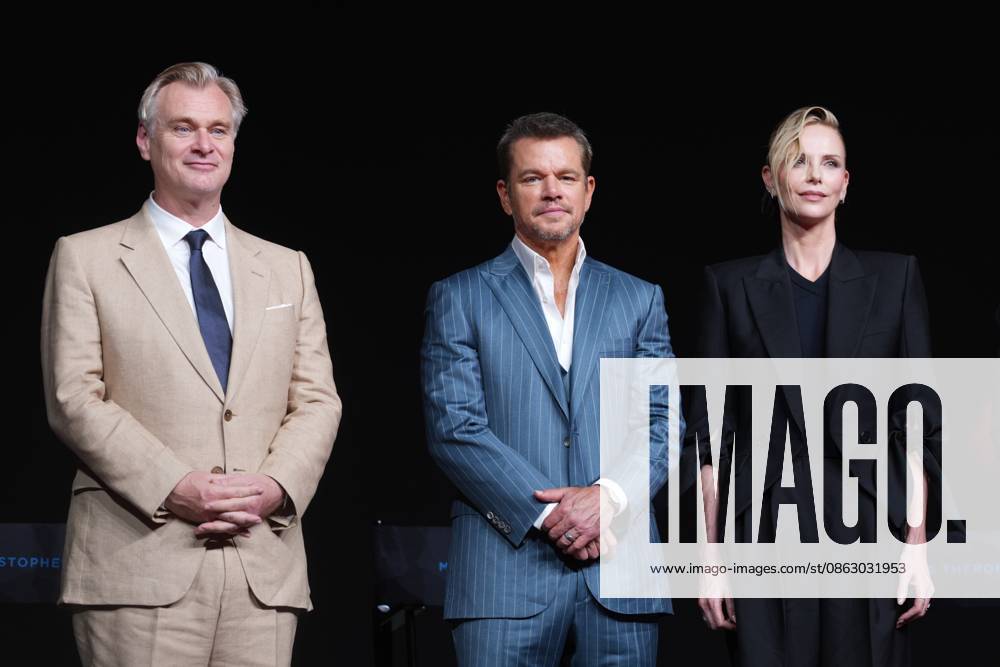(L-R) Director Christopher Nolan, actor Matt Damon and actress Charlize Theron attend the premiere of the film The Odyssey on July 30, 2026 in Beijing, China.