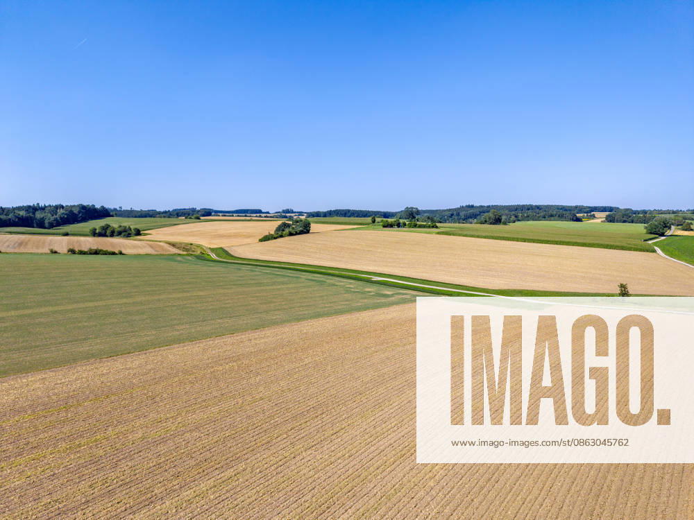 Harvested grain field, stubble field, summer, drought, climate change, aerial photograph, drone photograph, landscape, Bavaria, Germany Harvested grain field, stubble field