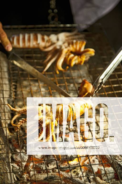 Squid on a barbeque at a street market in Thailand, Chiang Mai Chiang Mai Thailand